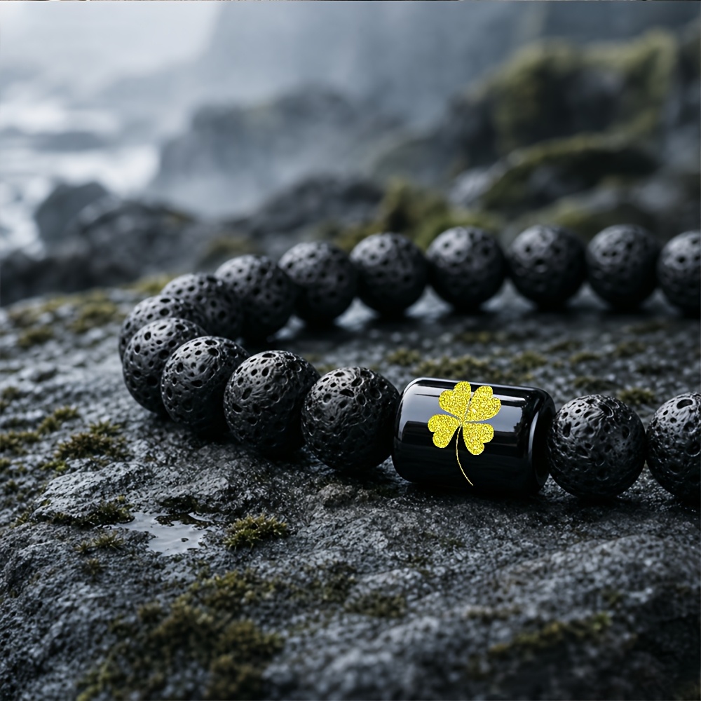 Women's Natural Stone Beaded Bracelet with Golden Four-Leaf Clover